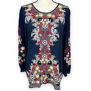 Micky London Boho Floral Embroidered Blouse Top Scoop Neck Navy Blue Medium